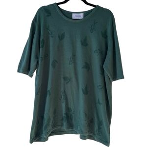 VINTAGE Jewel Tone Emerald Green Nature Leaf Print Short Sleeve Knit Size 2X